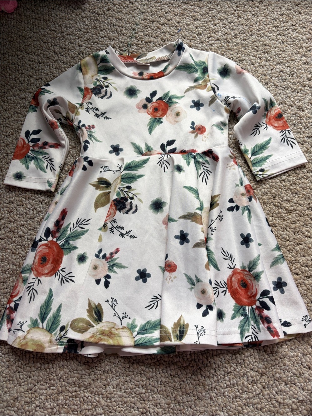 SHEIN Cream Floral Long-Sleeve Twirl Dress with Coral & Green Blooms